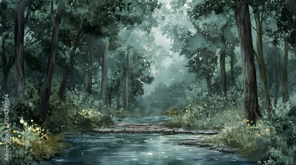 Obraz premium Serene Forest Stream Misty Green Trees Tranquil Water Stone Path
