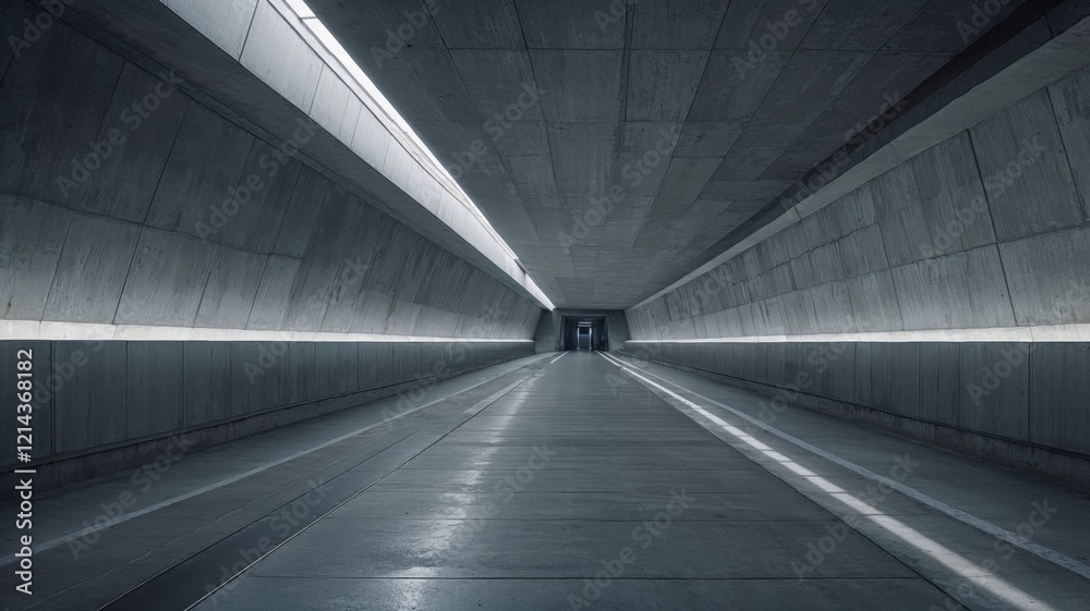 Modern minimalist concrete tunnel with linear lighting and symmetrical design, evoking futuristic architecture and urban innovation Modern minimalist concrete tunnel with linear lighting and symmetrical design, evoking futuristic architecture and urban innovation