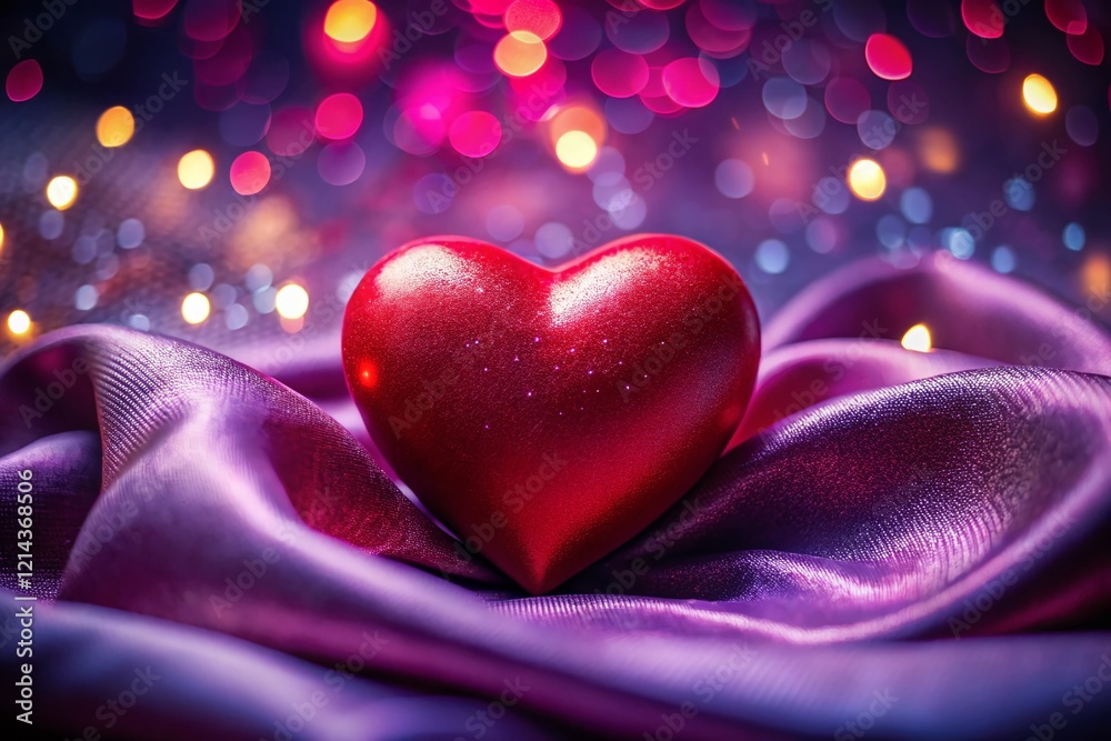 Obraz premium Isolated Red Heart on Purple Satin with Red Star Bokeh Background - Romantic Valentine's Day Concept