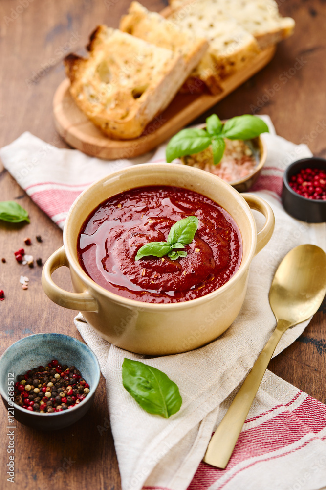Tomato puree soup garnished with basil leaves and spices in ceramic bowl with toasted bread slices on wooden table Tomato puree soup garnished with basil leaves and spices in ceramic bowl with toasted bread slices on wooden table