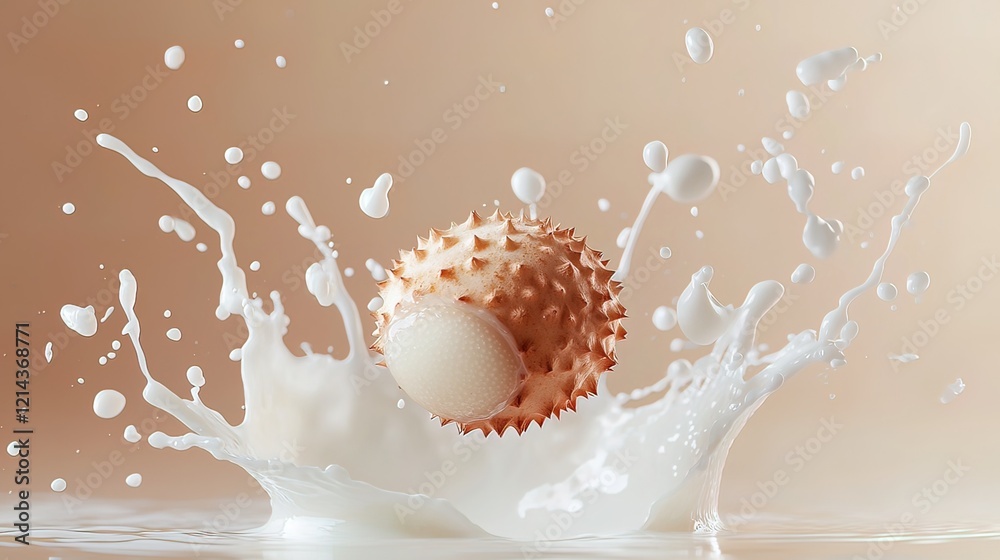 Spiky sphere splashing in creamy liquid, creating dynamic wave patterns. Spiky sphere splashing in creamy liquid, creating dynamic wave patterns.