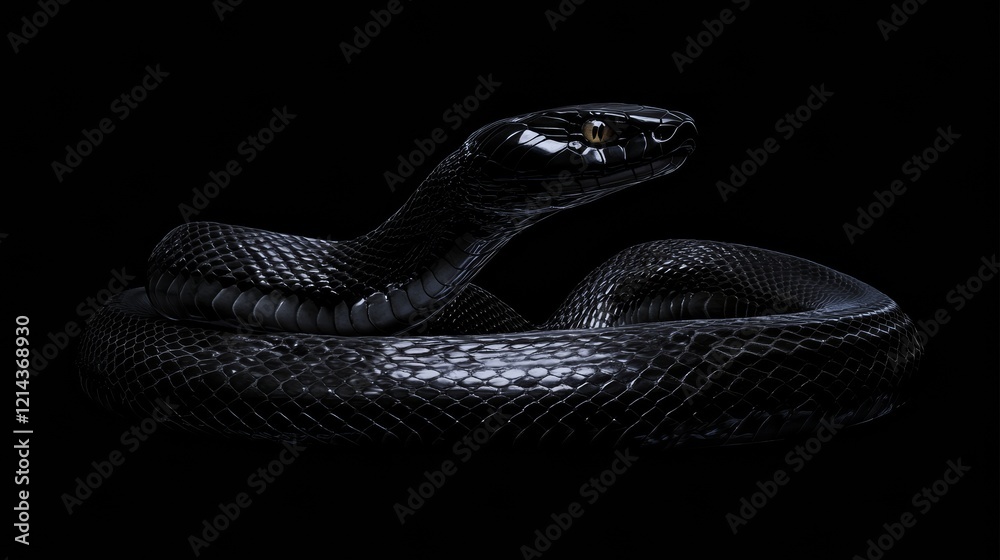 Fototapeta premium Black mamba snake coiling with its head raised on a black background, creating a dramatic and mysterious scene