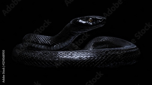 Black mamba snake coiling with its head raised on a black background, creating a dramatic and mysterious scene