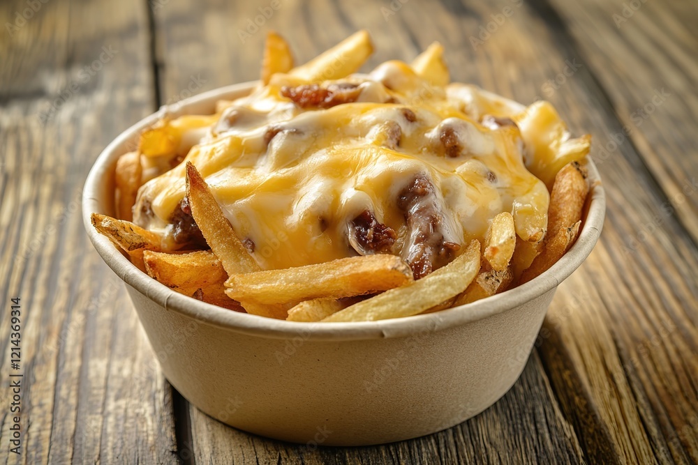 Tasty french fries topping with cheddar cheese on wooden table Tasty french fries topping with cheddar cheese on wooden table