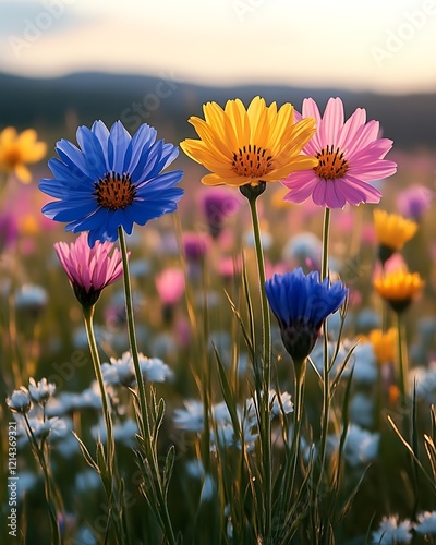 Vibrant wildflowers in sunset field.