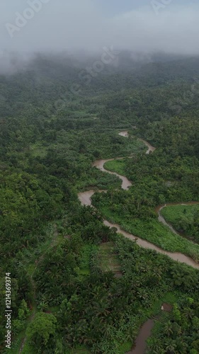 Aerial view of Mentawai tribe house West Sumatra, Indonesia. Aerial view of a river in the Mentawai Tribe area of West Sumatra, Indonesia photo