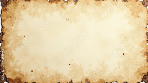 Close-up view of rectangular parchment on a white backdrop; features rusted edges with rich brown and tan hues, adorned by intriguing brown circles.  photo