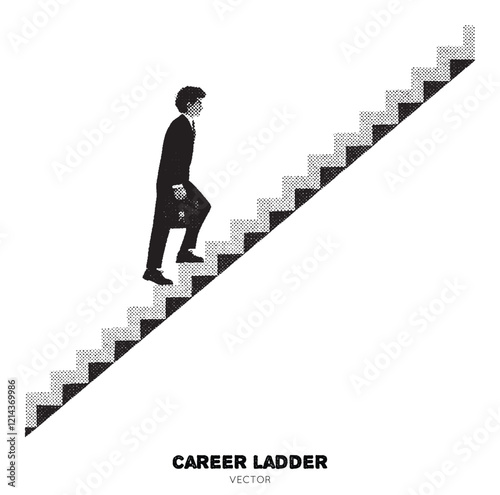 Man in suit climbs up. Stairs to heaven, path to goal. Success concept