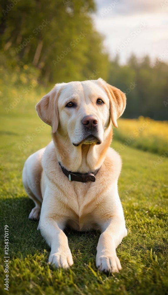 A beautiful Labrador Retriever lying on a lush green lawn, illuminated by soft golden sunlight during a peaceful evening A beautiful Labrador Retriever lying on a lush green lawn, illuminated by soft golden sunlight during a peaceful evening
