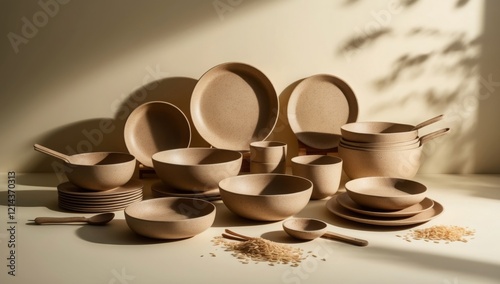 Rice husk composites, used in eco-friendly kitchenware like bowls, plates, and utensils, embody sustainability with a soft bokeh backdrop.