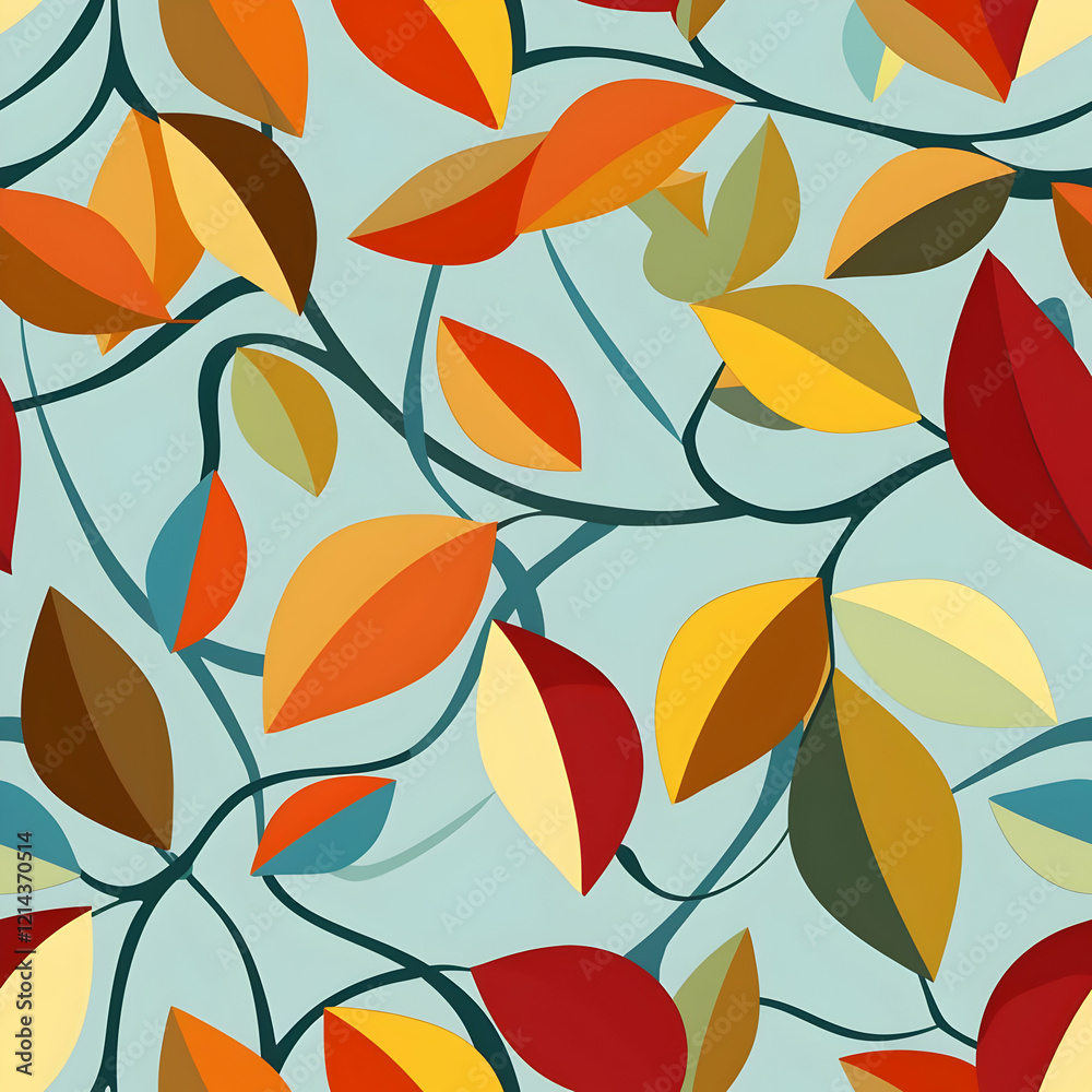 A vibrant pattern of colorful leaves intertwining against a light background. A vibrant pattern of colorful leaves intertwining against a light background.