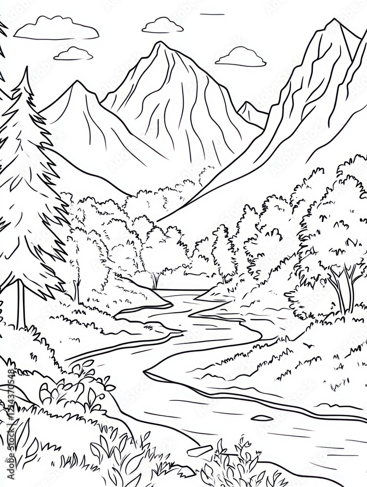 Serene Mountain River Landscape Coloring Page Serene Mountain River Landscape Coloring Page