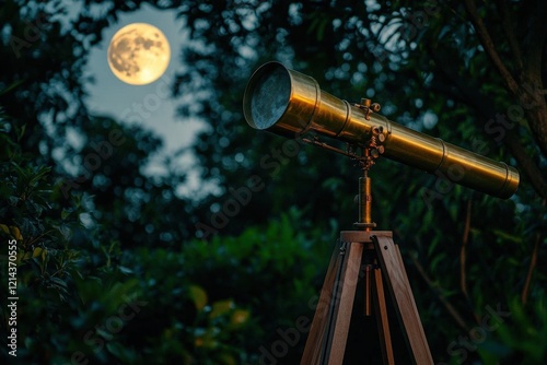 vintage brass telescope on wooden tripod aimed at full moon, starry night sky, garden setting, ethereal atmosphere photo