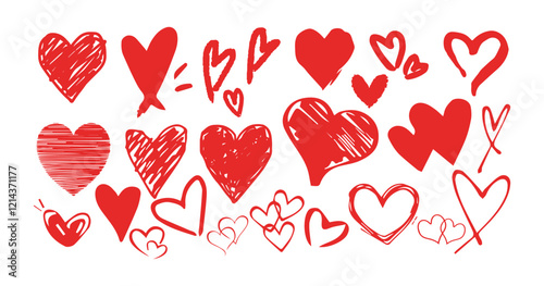 Set of red hearts in different pose. Collection of heart illustration with different style .Vector symbol icon set. white backgrounds