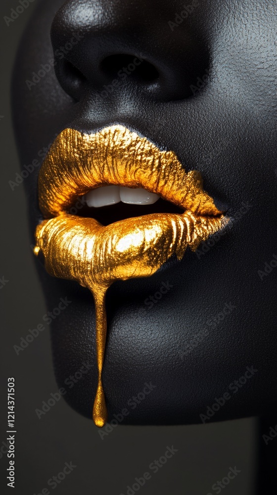 Golden lipstick dripping from glossy black lips of African American woman, revealing bold beauty contrast Golden lipstick dripping from glossy black lips of African American woman, revealing bold beauty contrast