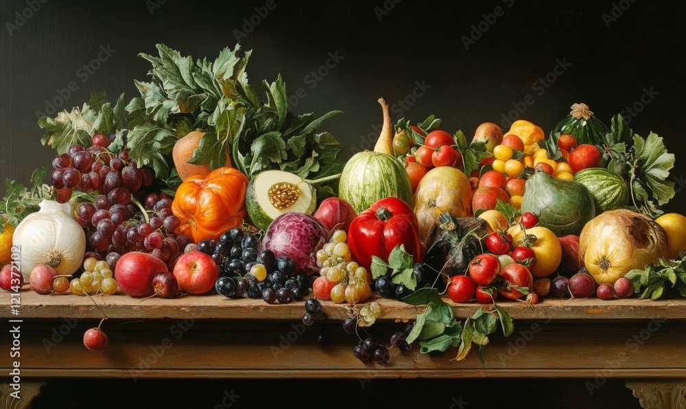 Colorful display of fresh fruits and vegetables on a wooden table Colorful display of fresh fruits and vegetables on a wooden table
