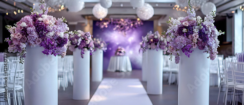 Elegant wedding ceremony setup modern venue floral arrangements chic atmosphere wide angle celebration theme