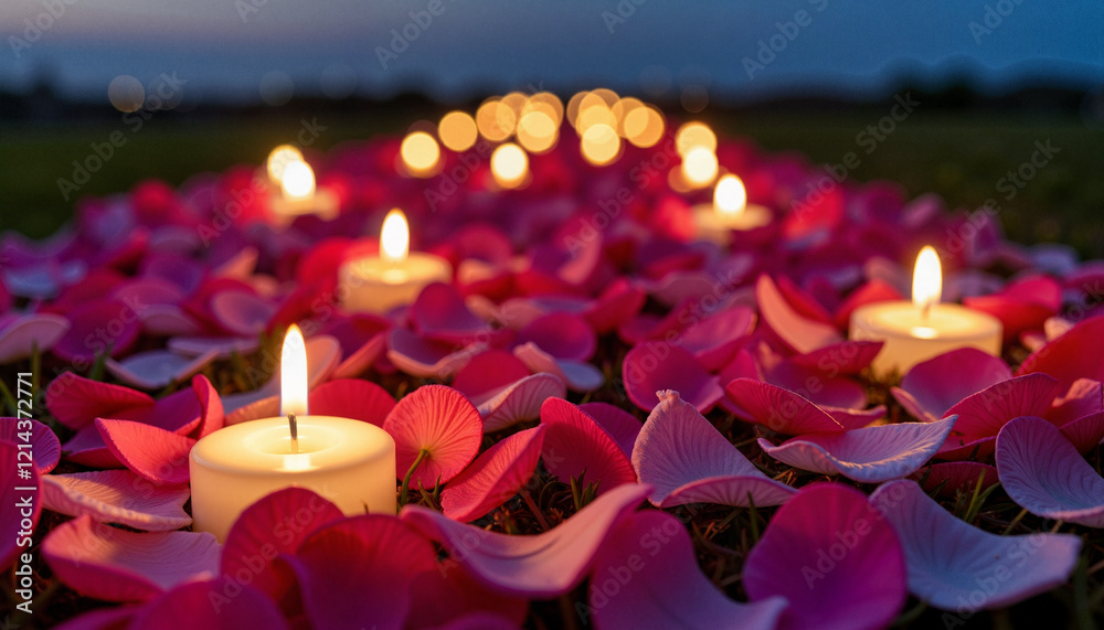 Romantic candlelit path with rose petals at twilight, love and intimacy Romantic candlelit path with rose petals at twilight, love and intimacy