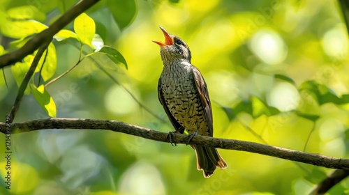 Cuckoo perched on a branch, calling out with its distinctive sound. photo