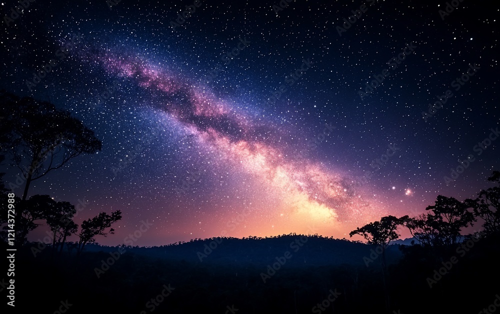 Fototapeta premium Milky Way galaxy over dark silhouetted trees at night.