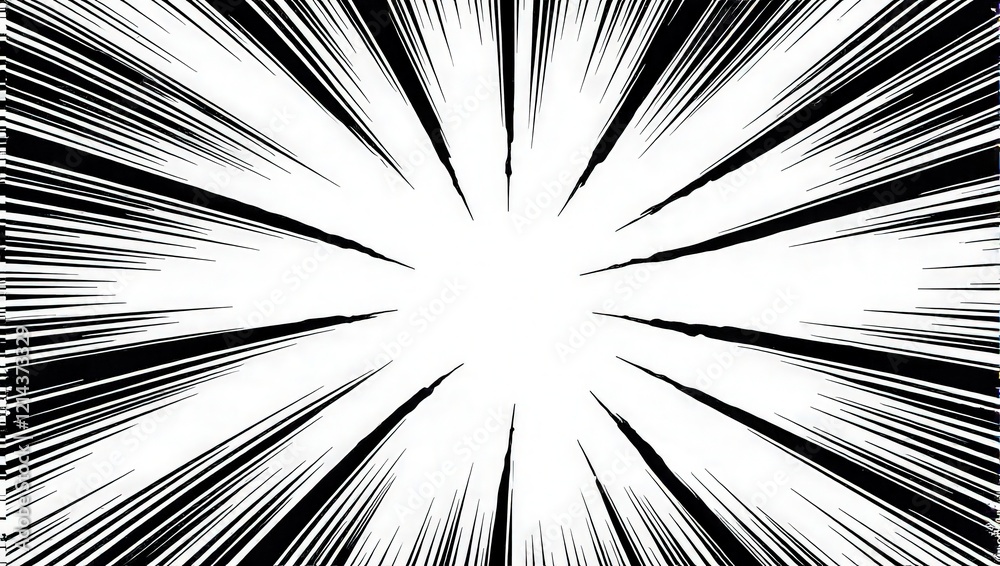 Fototapeta premium Black-and-white comic explosion with vibrant radial lines erupting from its core against a stark white backdrop, capturing intense motion and drama at eye level. 