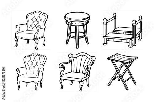 Set of Klinai, Faldstool, Curule Chair, Farthingale Chair, and Taboret Furniture Silhouette Vector Illustration