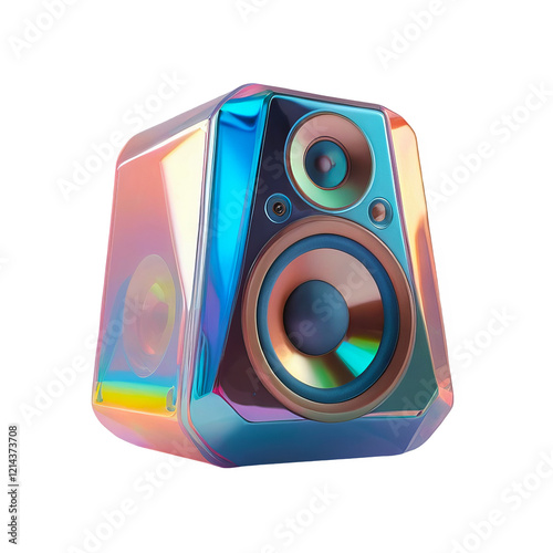 3D chrome element in Y2K style, isolated background, liquid holographic metal. Colorful speaker with rainbow design made of a shiny, reflective material.