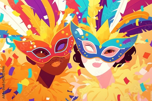 Two masked people with feathers in a festive confetti background for party graphics photo