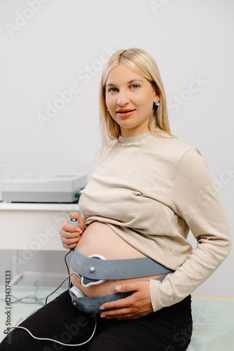 Woman pregnant checking fetal heart beat by fetal monitoring. Expectant mother with midwife adjusting sensors off cardiotocography photo