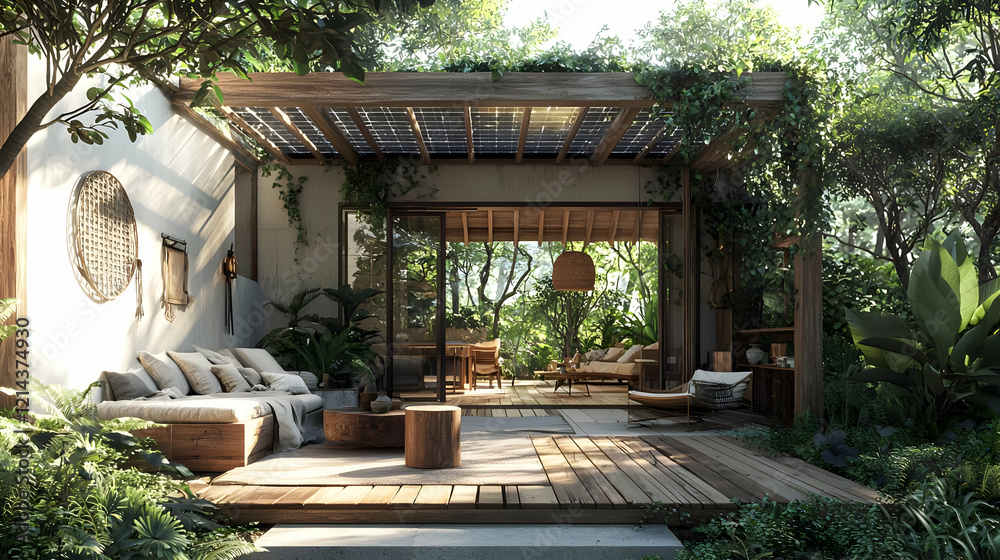 Zen Garden Oasis: Design Wooden Deck with Solar Pergola Zen Garden Oasis: Design Wooden Deck with Solar Pergola