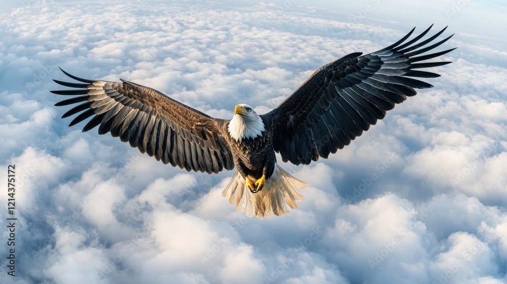 Fototapeta premium Majestic Bald Eagle Soaring Above a Sea of Clouds Wings Spread Wide Freedom