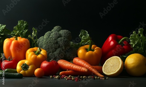 Colorful assortment of vegetables and fruits, including tomatoes, peppers, broccoli, and carrots.