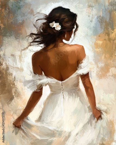 Elegant Brunette Woman in Flowing White Dress Back View Artistic Painting