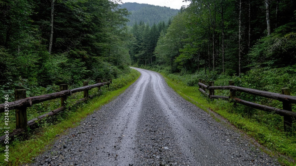 Mountain road curves through lush green forest after rain Mountain road curves through lush green forest after rain