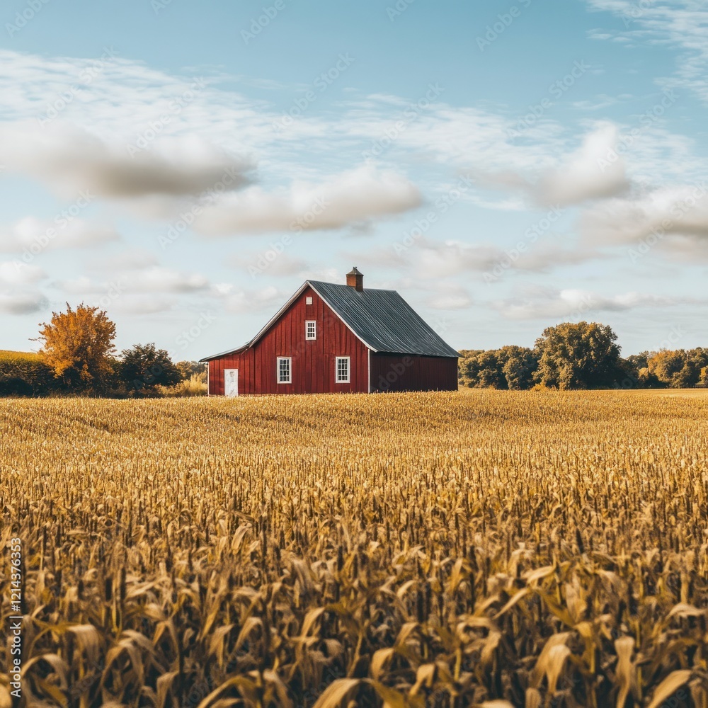 Red barn in a golden cornfield under a partly cloudy sky. Red barn in a golden cornfield under a partly cloudy sky.