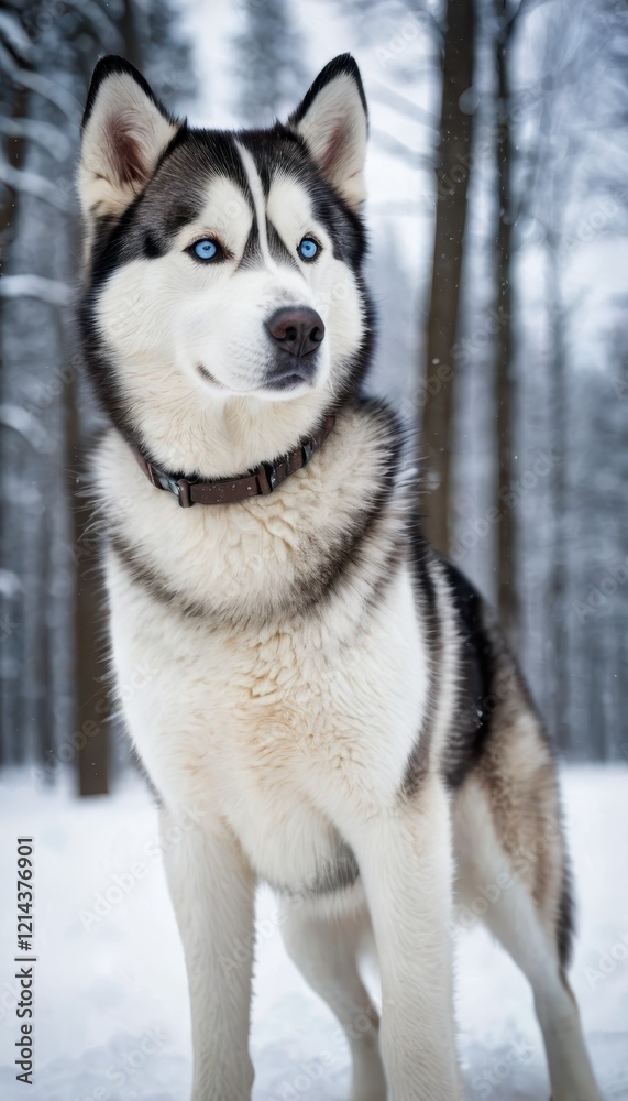 Stunning Siberian Husky with piercing blue eyes standing confidently in a snowy forest, embodying strength and elegance Stunning Siberian Husky with piercing blue eyes standing confidently in a snowy forest, embodying strength and elegance