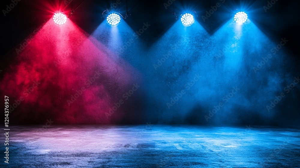 Obraz premium Red and blue spotlights illuminate a smoky stage.