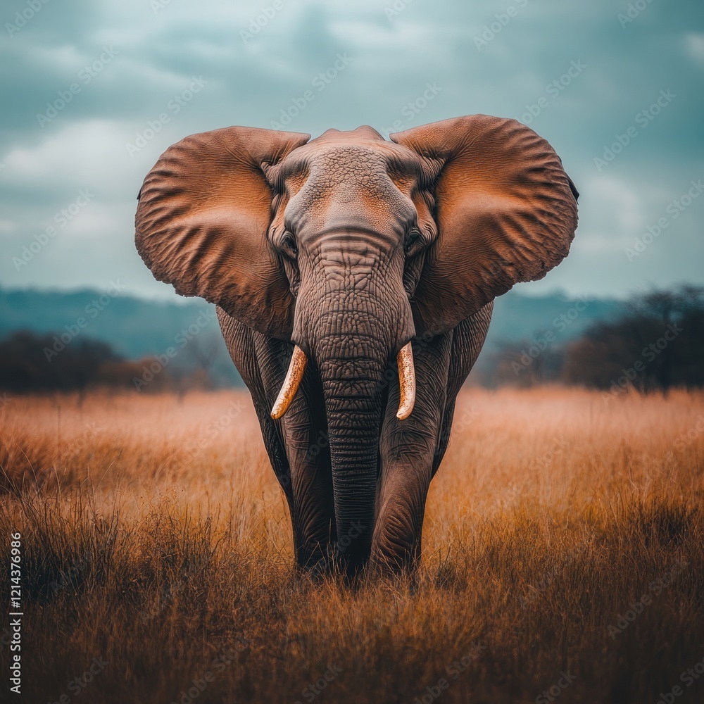 Fototapeta premium Majestic African elephant facing forward in tall savanna grass under a cloudy sky.