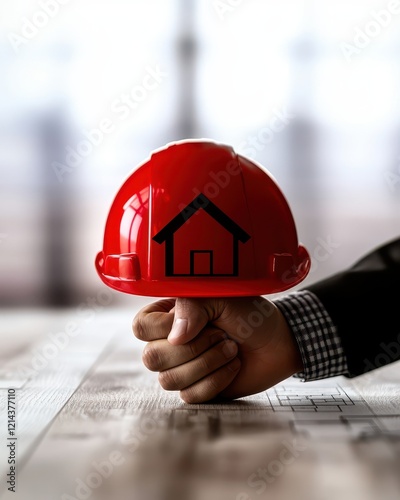 A hand holding a red construction helmet with a house icon on a wooden surface. photo