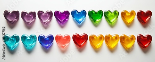 Colorful heart shaped candies arranged on a white surface for a sweet celebration