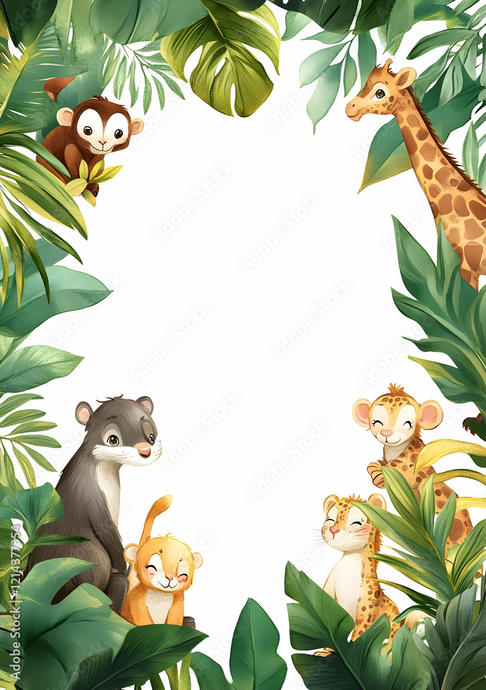 Naklejka premium A playful jungle scene featuring cartoon animals among lush tropical foliage.