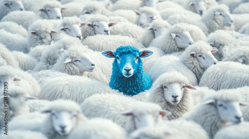 Blue sheep standing unique among white sheep flock, symbolizing individuality and difference in conformist environment