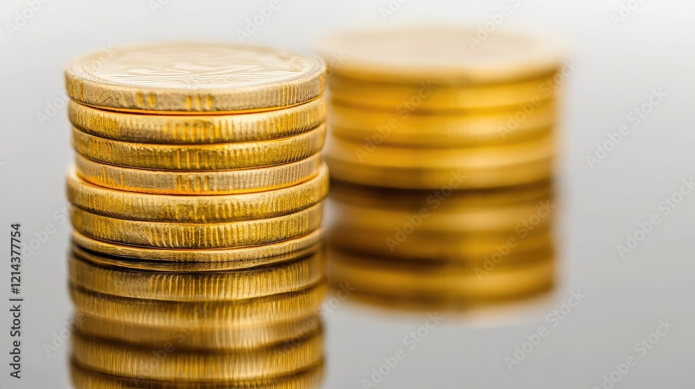Close-up of gold bars and coins stacked on a reflective surface with a clean backdrop. Close-up of gold bars and coins stacked on a reflective surface with a clean backdrop.