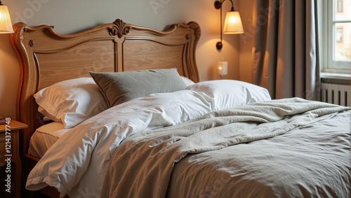 Cozy bed with a wooden headboard, draped in crisp white sheets and soft pillows. A lone gray pillow adds a touch of elegance against the warm wood tones photo