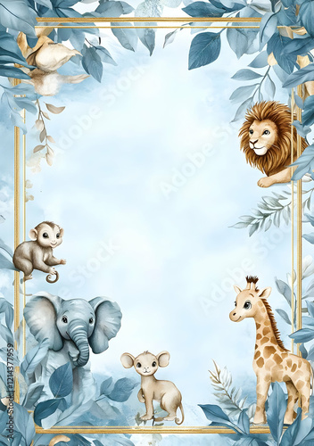A playful illustration featuring baby animals framed by foliage, ideal for invitations or stationery.