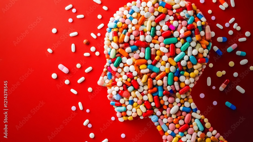 custom made wallpaper toronto digitalHuman head profile made with various colorful pills and capsules symbolizing drug addiction and mental health issues on red background