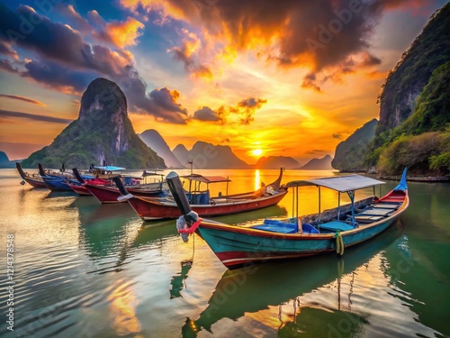 Ko Panyee Fishing Village: Longtail Boats Moored at Sunset photo