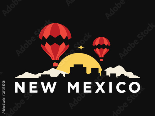 Albuquerque New Mexico Skyline with Hot Air Balloons and Desert Landscape Vector Illustration