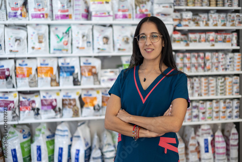 Veterinarian smiling with arms crossed, posing in a pet food store