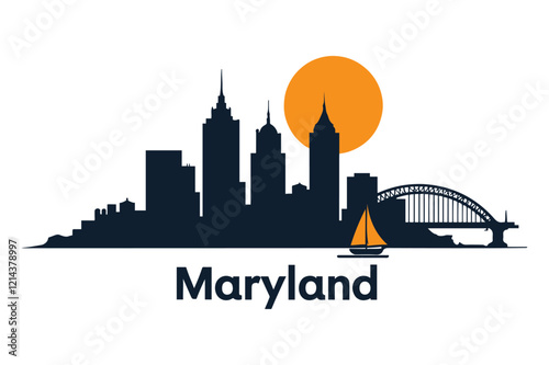 PrintBaltimore Maryland Skyline with Fort McHenry and Chesapeake Bay Bridge Vector Illustration